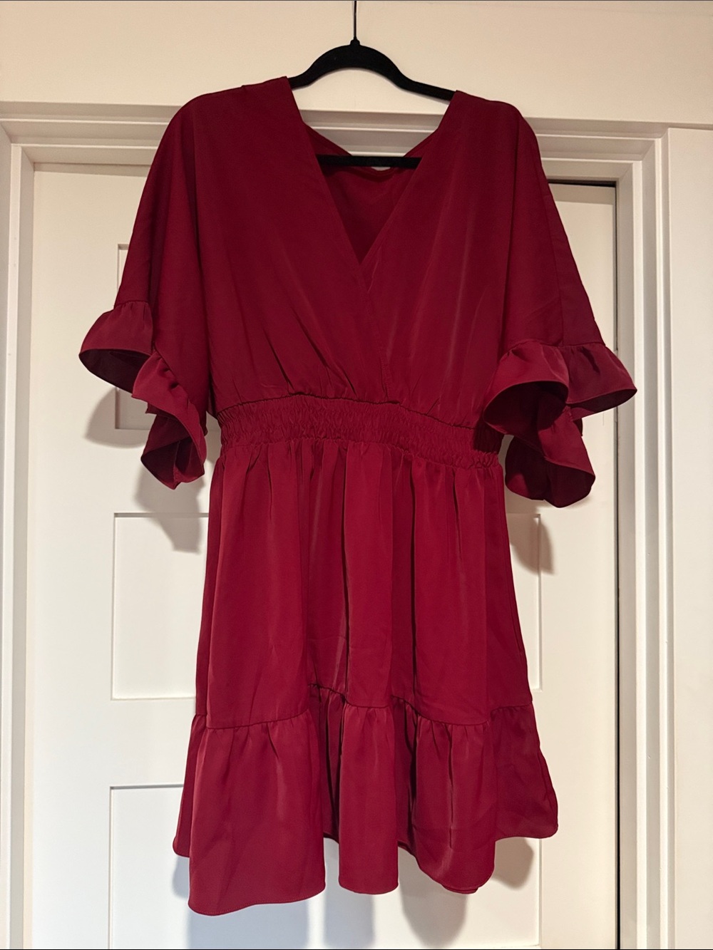 Women’s Ruffled V-Neck Dress in Deep Red